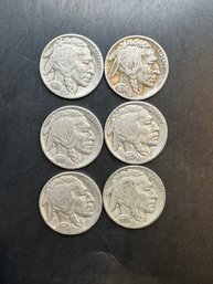 6 Buffalo Nickels 1930, 1935, 1936 (2), 1937 (2)