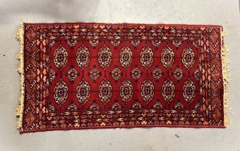 Hand Knotted Red Wool Rug With Black, Orange And Cream Accents