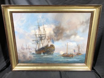 Client Paid $14,000 - Incredible GEOFF HUNT Oil On Canvas - HMS Augusta, Philadelphia 1777 With Documentation