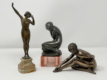 Nude Women Figurines ( Naked Woman Stretching Bronze On Onyx Base And Two Resin Nude Figurines)
