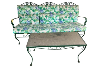Vintage 1950s Green Ivy/grapevine Wrought Iron Sofa, Glass Top Coffee & End Table
