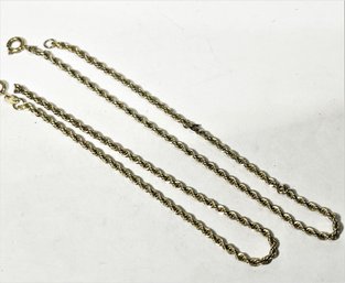 Two Matched Gold Over Sterling Silver Rope Chain Bracelets 8' And 9'