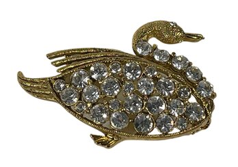 Vintage Gold Tone Rhinestone Swan Brooch