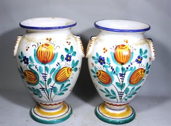 Pair Hand Painted Underglaze Deruta Faience Pottery Italian Vases