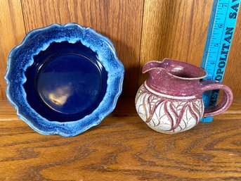 Blue Stoneware Bowl By Bay Pottery Broadway, VA 6.5x2 And Small Leaf Etched Pitcher Signed Susan