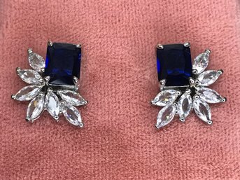Fabulous 925 / Sterling Silver With Sparkling White Zircons And Sapphire Earrings - Very Pretty - Never Worn