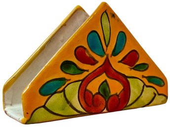 Bohemian Hand Painted Glazed Clay Pottery Napkin Holder