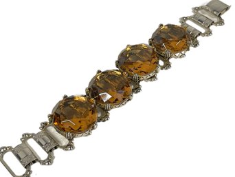 Large Vintage Silver Tone Bracelet W Four Large Brown Glass Stones