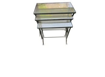 Vintage Foundry Wrought Iron Nesting Tables With Frosted Glass Insert