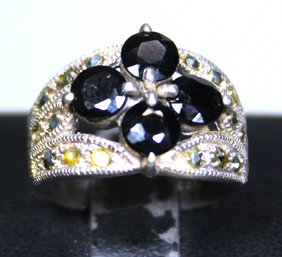 Sterling Silver Ladies Ring Having Dark Gemstones Marcasites Size 5.5