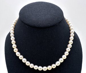 Genuine Pearl Necklace With Clasp Marked Silver In Velvet Box With Receipt, Japan