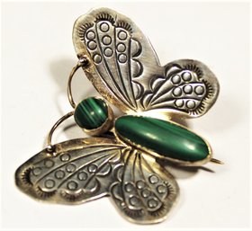 Southwestern Sterling Silver Butterfly Brooch Having Malachite Stones