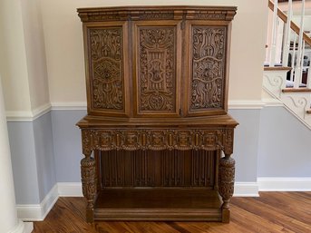 Early 20th C. Oak Carved Three-Door Jacobean China Cabinet