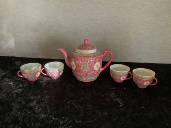 5 Piece Chinese Pink Famille Rose Porcelain Tea Pot Set