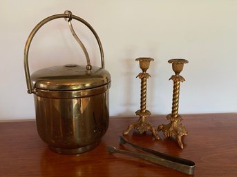 MCM Metal And Glass Ice Bucket And Brass Candlestick Holders