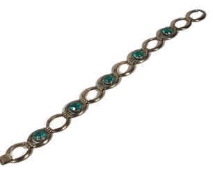 Vintage Signed Gold Over Silver Bracelet With Aqua Blue Glass Stones