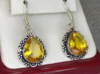 Beautiful Brand New Sterling Silver Earrings With Polished And Faceted Golden Topaz - Very Pretty Pair !