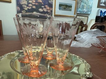 Set Of 4 Pink Depression Footed  Parfait Glasses