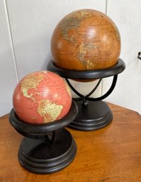 Two Globes On Wood And Metal Stands