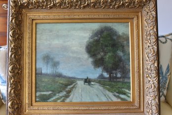 Landscape Horse Drawn Cart On Country Lane.  20 X 24 In Ornate Gilt Frame 34 X 38