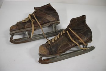 Pair Of Vintage Leather Lace Up Ice Skates - Size 11