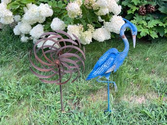 Metal Garden Spinner And Blue Metal Bird