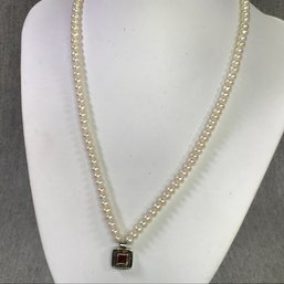 Amazing Vintage Genuine Cultured Baroque Pearl Necklace By LJW With 925 / Sterling Silver Pendant With Garnet