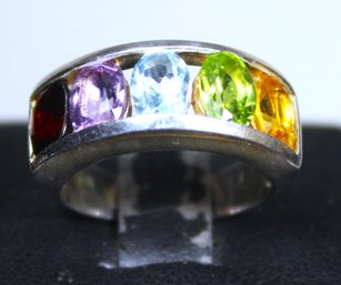 Fine Sterling Silver Ladies Ring Having Genuine Gemstones, Amethyst, Citrine, Peridot, Garnet