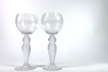 Pair - Bayel France Crystal Frosted Figural Owl Stem Cordial Liquor Glasses