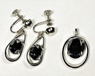 Vintage Hematite Sterling Silver Screw Back Earrings And Pendant