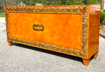 A Vintage Mid Century Console Cabinet With Parcel Gilt Ribboned Trim By Bloomingdales