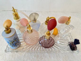 Collection Of 9 Vintage Perfume Bottles On Glass Tray