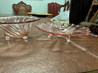 2 Pink Footed Glass Serving  Dishes