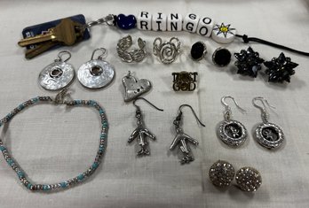 Attractive Collection Lot Of Jewelry - Sets Pf Multicolor Ear Rings, Bracelet, Key Chain, Trust God Pin.