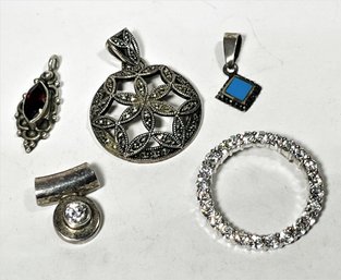 Lot Five Sterling Silver Pendants Turquoise, Marcasite And Garnet