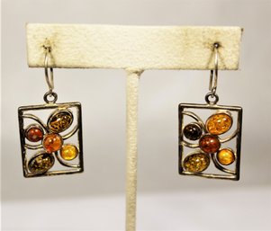 Sterling Silver Genuine Amber Geometric Pierced Earrings