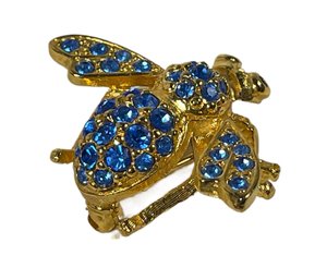 Gold Tone Blue Rhinestone Bug Brooch Pin Signed Joan Rivers