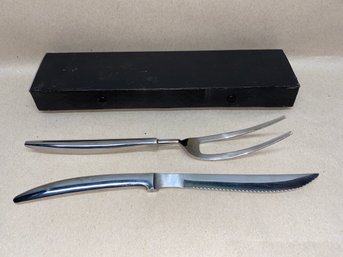 Mid Century Modern Silver Chrome Knife And Fork Set In Original Box. Stainless Steel Made In Japan.