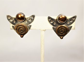 Artisan Hand Crafted Mixed Metals Sterling Silver Clip Earrings