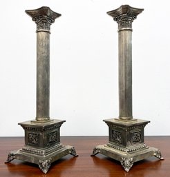 A Pair Of Vintage Silver Plated Corinthian Column Form Candlesticks