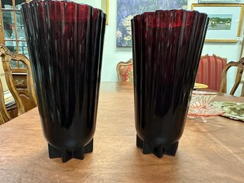 Pair Of Anchor Hocking Ruby Vases - Rachel Pattern