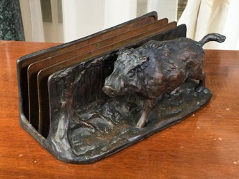 Antique Friedrich Gornik (1877-1943) Bronze Boar Desk Letter Holder - Part Of Spectacular Desk Set 1/4 Pieces