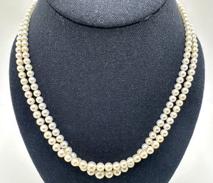 2 Pearl Necklaces With Clasps Marked Silver In Velvet Box, Japan