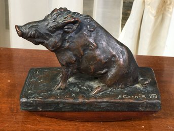 Antique Friedrich Gornik (1877-1943) Bronze Boar Desk Ink Blotter - Part Of Spectacular Desk Set 3/4 Pieces