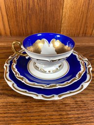 Al-ka-kunst Kronach Bavaria Germany Blue And Gold 3236 3pc. Tea Cup Set