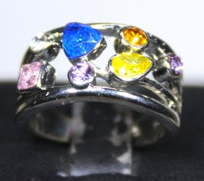 Modernist Silver Tone Ladies Ring W Colorful Gemstones Size 7