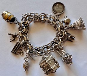 Vintage Charm Bracelet With Sterling Clasp & 10 Charms, Some Marked Sterling, Chest By Monet