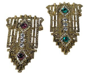 Pair Contemporary Gold Tone Rhinestone Art Deco Style Brooches