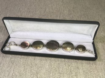 Stunning Vintage Mexican 926 / Sterling Silver & Abalone Toggle Bracelet - Very Pretty Graduated Abalone Discs