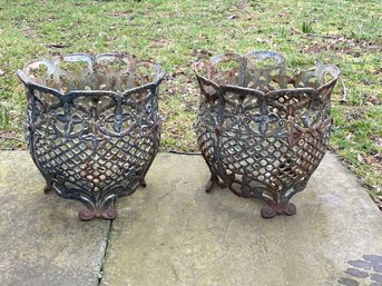 Pair Of Vintage Outdoor Garden Planter Footed Cast Iron Lattice Scroll